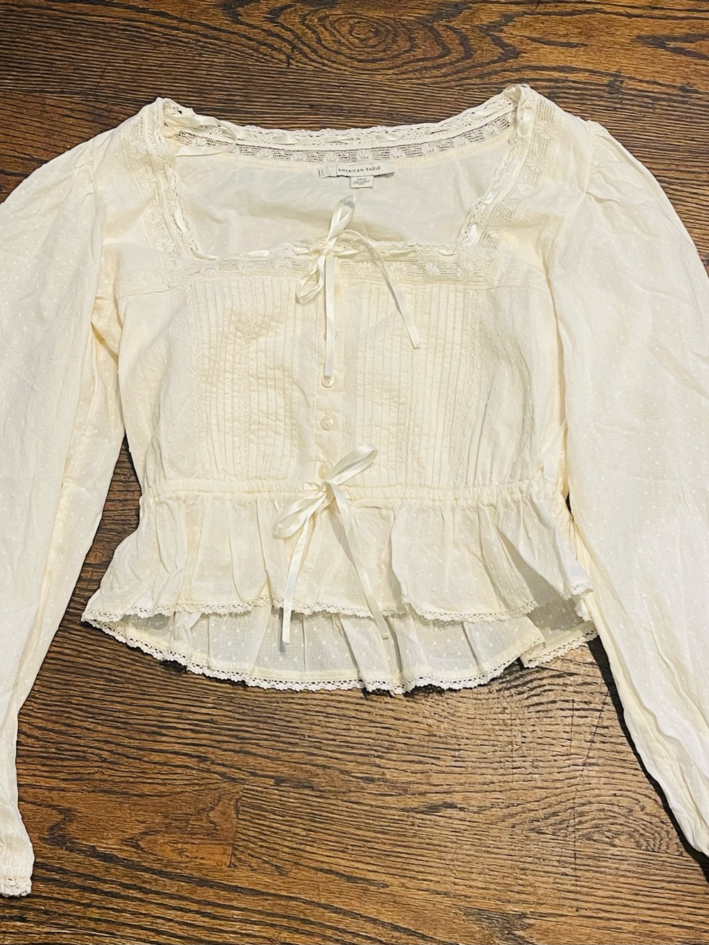 American Eagle  casual Outfitters Cream Square-Neck Peasant Blouse 100% cotton - Picture 13 of 14